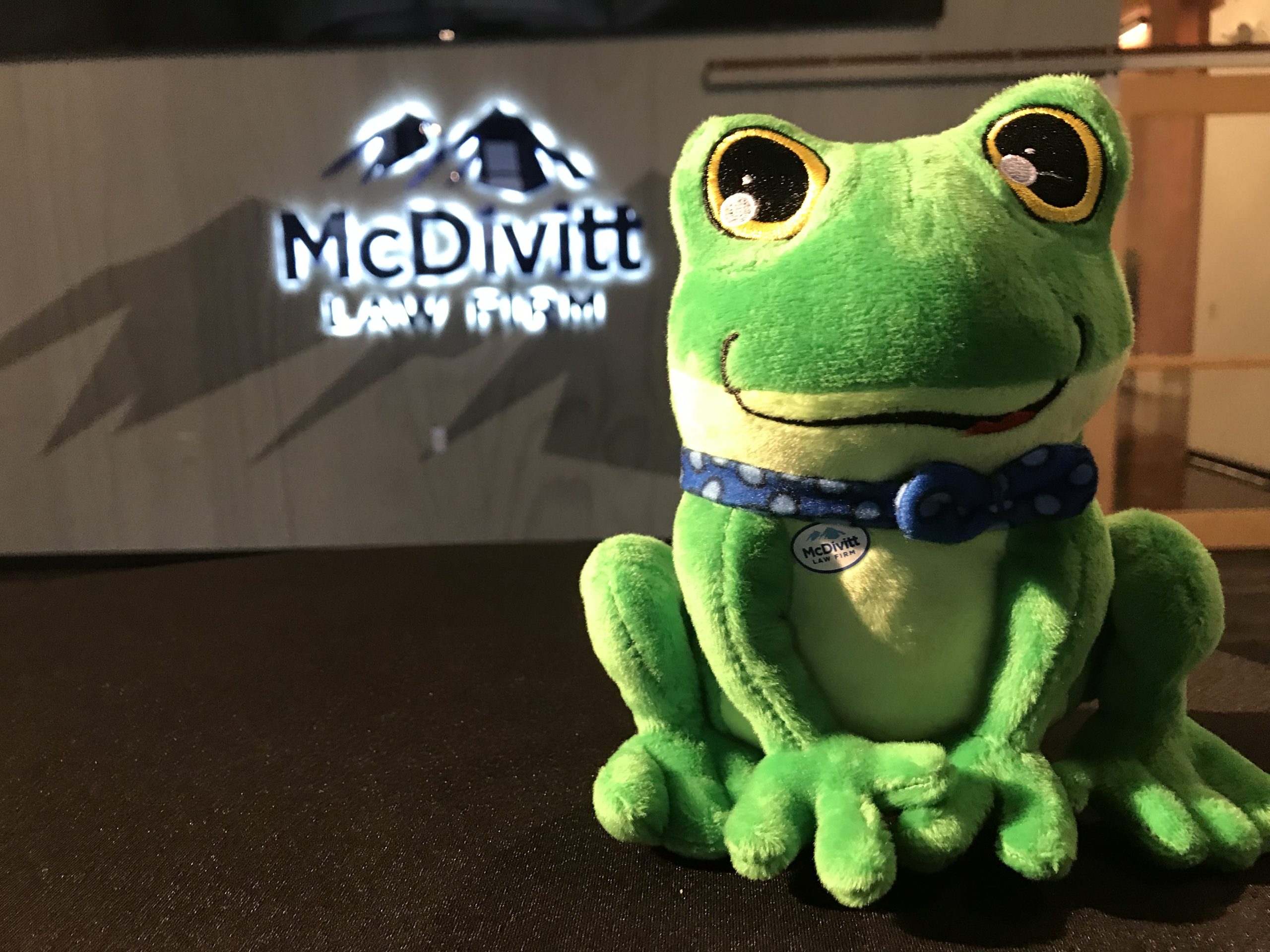 McDivitt Law Firm custom talking plush frog mascot giveaway manufactured by CustomPlush.com